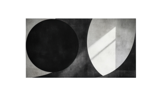 Striking abstract art showcasing contrasting black circle and white illuminated shape a monochrome masterpiece with textured surface and on transparent background