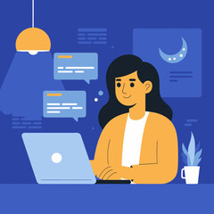 Woman chatting online at night, using laptop in cozy room, with lamp