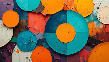 Colorful Convergence: Smooth and Raised Circles Float Over a Patchwork of Cracked Tiles and Dots.