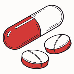 Vector Illustration Of Red And White Capsule Pill With Two Round Tablets