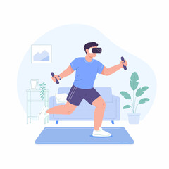 VR Fitness: Man exercising with virtual reality headset and hand controllers