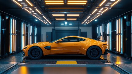 Sleek orange sports car in a futuristic garage setting
