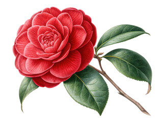 Obraz premium vibrant camellia flower with rich red petals and lush green leaves showcases nature beauty and elegance