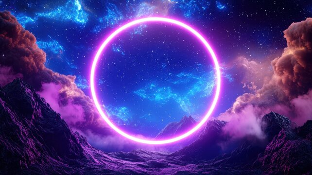 Vibrant neon colorful 3d frame circle glows amidst a dreamy cloudscape, illuminated by a gradient of pink Copy blue hues abstract background and space for text - Powered by Adobe