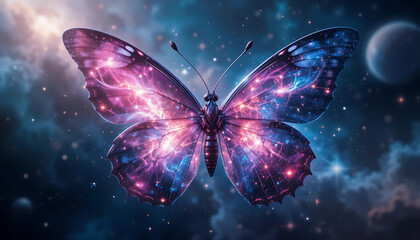 Celestial Wings: A Dreamlike Butterfly Shimmers with Galaxy Light Against a Backdrop of Infinite Stars and Mystery.