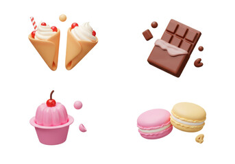 Assorted Colorful Desserts Including Ice Cream Cones Chocolate Bars and Macarons on Transparent Background