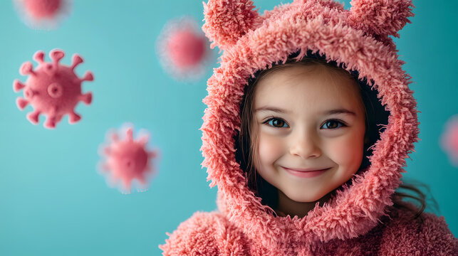 Smiling young girl in pink fuzzy hoodie embracing playful atmosphere with cartoon-like floating virus shapes