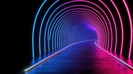 Abstract black background with pink and blue neon light lines that extend into the distance, moving through a tunnel to the right. 3d motion speed of glowing vibrant