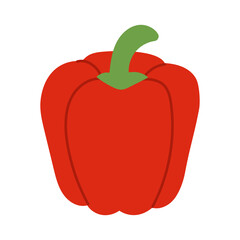 A red pepper with a green stem. The pepper is cut in half and the stem is visible