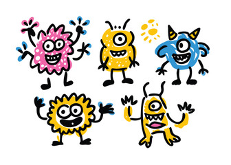 Seamless Monster and Germ Doodle Pattern – Hand-Drawn Fun Monster Sketches, Cute Germ Illustrations, and Playful Creature Designs