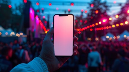 A hand holding a smartphone with a white mockup screen at a concert