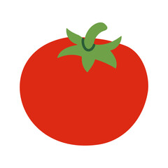 A red tomato with a green stem. The tomato is the main focus of the image. The color of the tomato is bright and vibrant, which gives the image a cheerful and lively mood