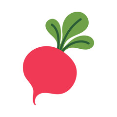 A cartoon drawing of a red radish. The radish is shown in a very stylized way, with a green stem and leaves. The drawing is very colorful and playful, and it conveys a sense of fun and whimsy