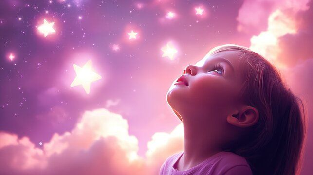 fantasy clouds shaped like stars floating in a pink and purple sky, child gazing up