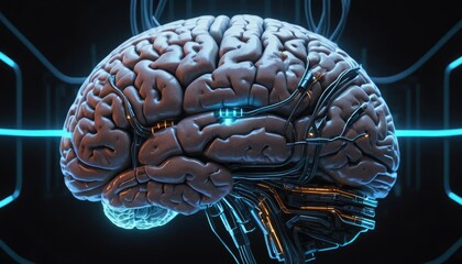 A human brain connected to an advanced neural interface, glowing circuits mapping thoughts