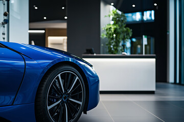 Sleek Blue Luxury Car in Modern Automotive Showroom Interior