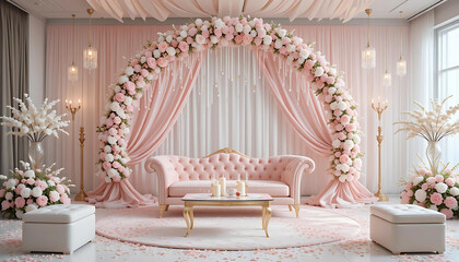Soft Petals and Golden Glamour: A Romantic Scene Framed by Florals, Candles, and Cascading Drapes.