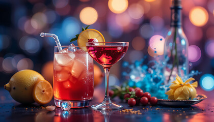 "Chilled Elegance: Red Drinks, Citrus Flair, and Colorful Lights Create a Perfect Festive Cocktail Scene.