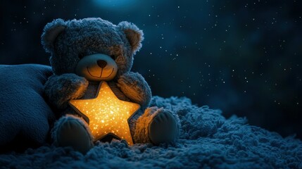 sleepy teddy bear holding a star-shaped pillow under moonlight, soft cozy textures