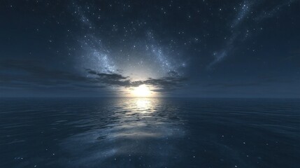 starry sky over a quiet ocean at night, soft waves and reflections