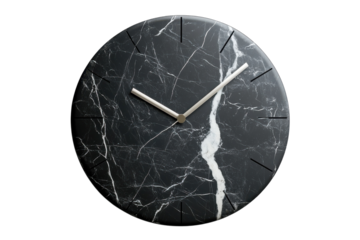 Elegant black marble clock with silver hands minimalist design perfect for modern interiors showcasing a sophisticated timepiece against on transparent background