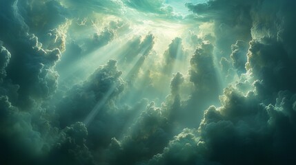 Fototapeta premium AI-generated illustration of dramatic sun rays breaking through thick, fluffy clouds
