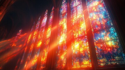 AI-generated illustration of stained glass windows in a cathedral with sunlight streaming through
