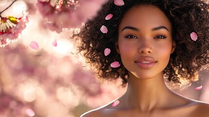 Fototapeta premium Woman with beautiful curly hair and soft skin under a blooming cherry tree