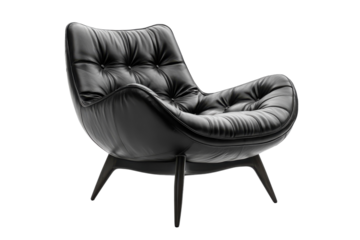Luxurious black leather armchair button tufted design modern style isolated on a dark background The perfect addition for sophisticated on transparent background