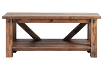 Rustic Farmhouse Coffee Table with Distressed Wood Top and X Frame Base against a Black Background Simple Sturdy Design Ideal for Rustic on transparent background