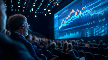 Financial Conference Audience Watching Stock Market Chart Presentation, Blue Tones, Business Meeting, Global Finance, Investment Analysis