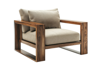 Modern minimalist armchair with thick dark wood frame and beige fabric cushions showcasing clean lines and luxurious comfort in a stylish on transparent background
