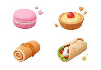 Collection of Colorful Desserts Including Macaron, Tart, Rolled Cake and Fresh Wrap