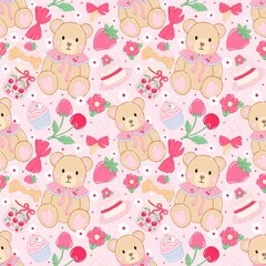 Sweet Teddy Bear seamless pattern. Kawaii Teddy Bear Bakery Seamless pattern.