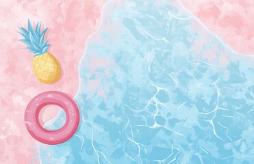 summer pool party background with cute inflatable rings and a pink beach towel, swimming pool with water splashes and a pineapple float
