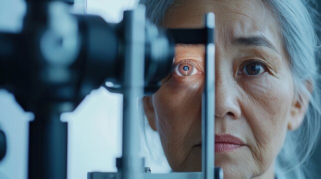Eye doctor female patient examination Close-up of an elderly woman at an eye examination.