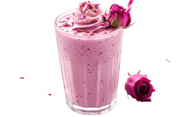 Indulge in this luxurious rose milkshake a dreamy pink delight topped with whipped cream rose petals and edible gold Served in a glass on transparent background
