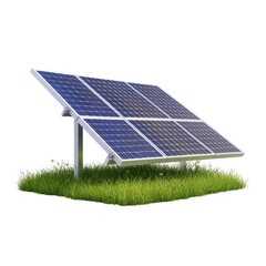 Solar panel installed on a green grass field under a bright sunlight symbolizing renewable energy and sustainability.