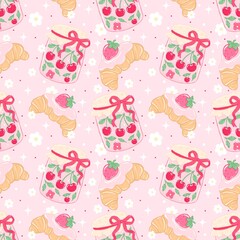 Coquette Cherry Jam and Croissant Seamless Pattern | Pastel Bakery Design