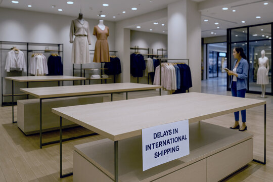 A fashion retail store shows multiple empty display tables with a sign reading &ldquo;Delays in International Shipping.&rdquo;
