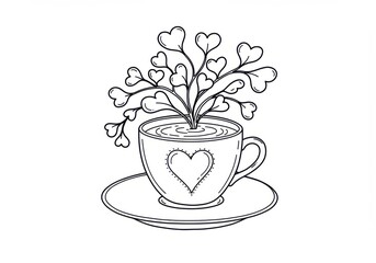 Line art illustration of a heart-themed plant in a cup on a saucer