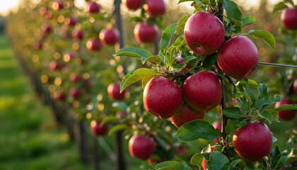 Branch of ripe red apples hanging on apple tree in orchard during golden hour with soft sunlight and natural greenery forming a peaceful and beautiful autumn harvest scene