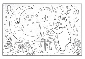 Whimsical Black And White Animal Drawing Under The Night Sky