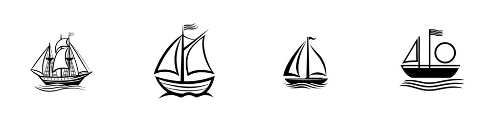 Vector illustration of various boat icons on water showcasing different sailing styles and designs