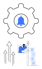 Gear icon with notification bell, upward arrows symbolizing growth, and a person analyzing stacked risk blocks. Ideal for alert management, business strategy, growth, risk management, productivity