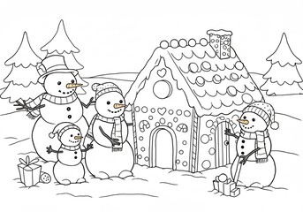 Obraz premium Whimsical Snowman Family by Gingerbread House in Snowy Winter Scene