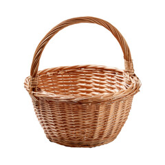 Woven wicker basket featuring curved handle, resting against clean transparent backdrop