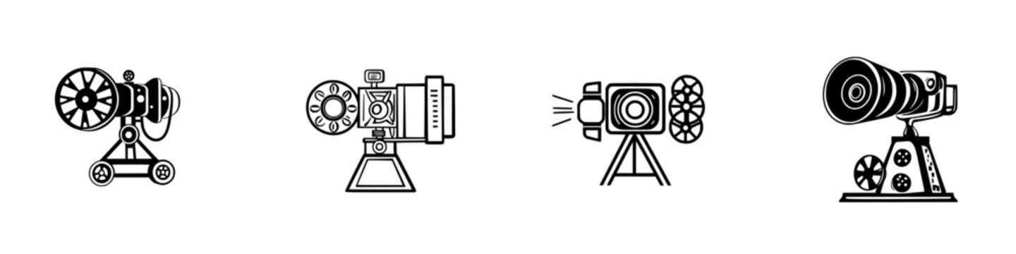 Various vintage movie camera icons designed in a clean vector illustration style showcasing the evolution of film equipment