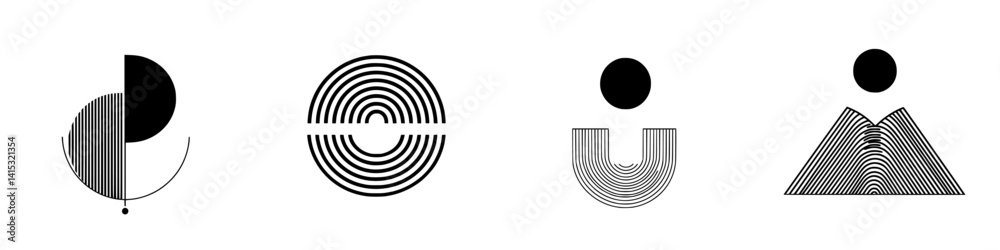 Poster vector illustration icons showcasing abstract geometric shapes with circular and linear patterns in 