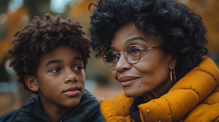 Elderly mother and adult son sharing heartfelt conversation on park bench under dappled sunlight. Quiet intergenerational moment of love, wisdom and deep family connection